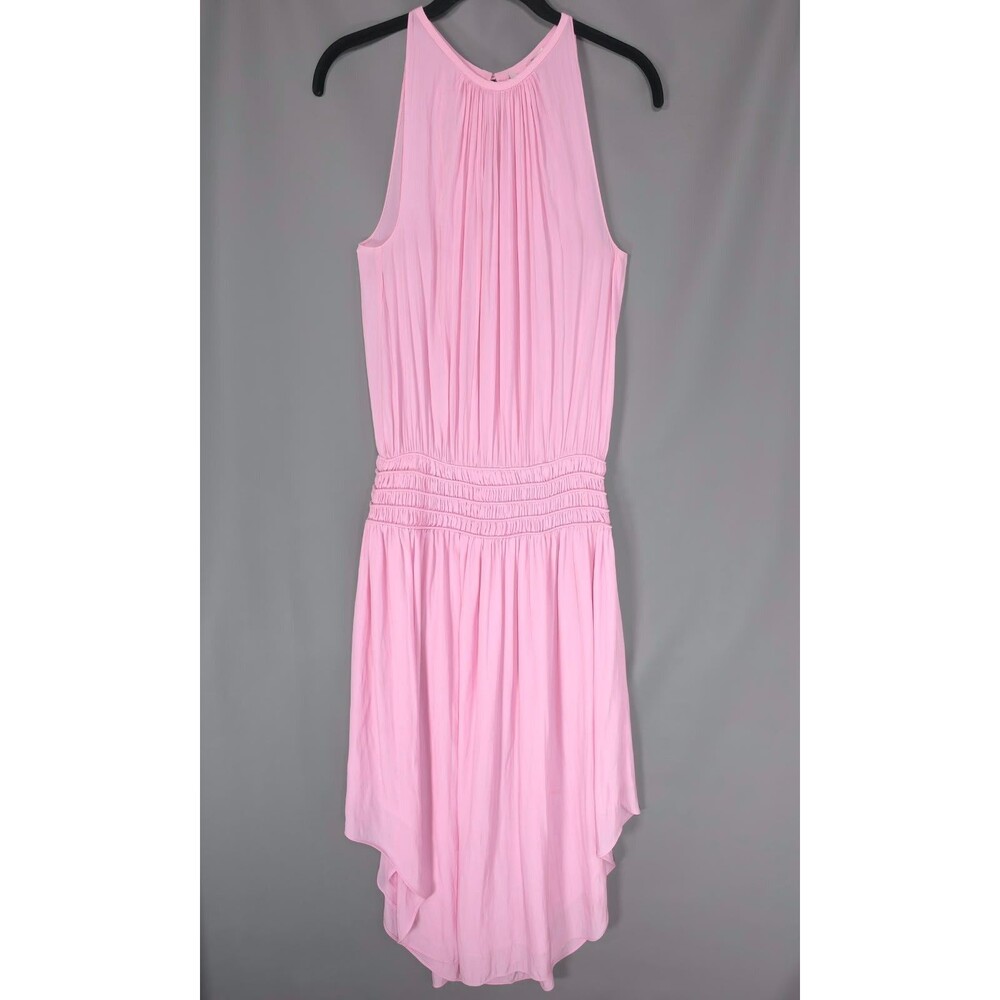 RAMY BROOK NEW YORK  Women's SMALL Midi Dress Pink Smocked Waist High Low